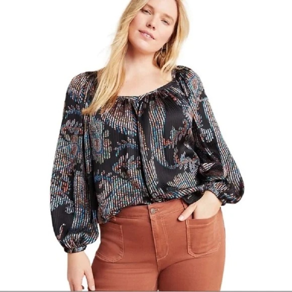 Anthro Maeve Black Paisley Burnout Satin Blouse Size Small